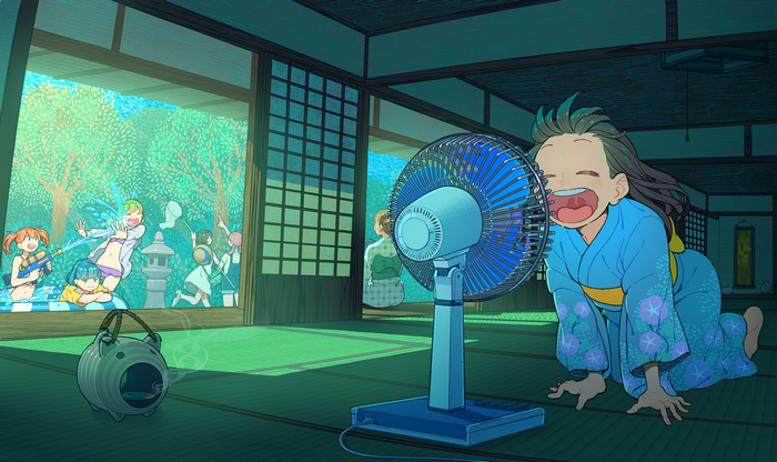 Anime girls playing with water guns and a fan