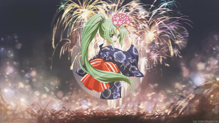 Anime girl in yukata with fireworks