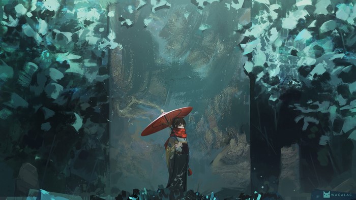 Woman in Kimono with Red Umbrella in Forest