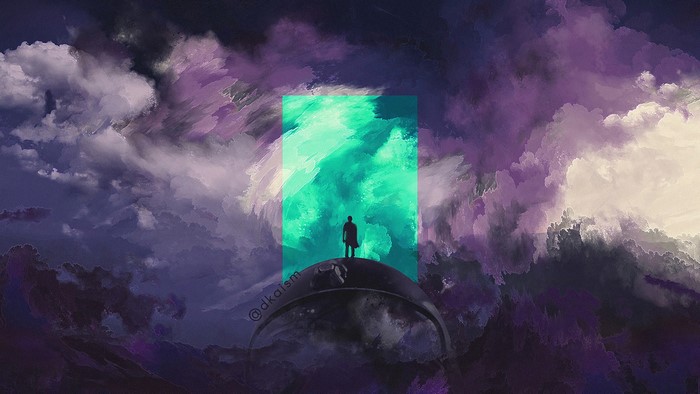 Silhouette of a man standing on a sphere under a green portal