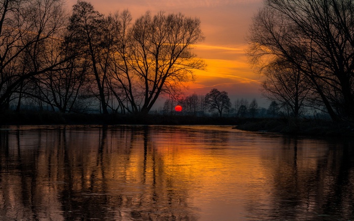 Sunset over a river with bare trees