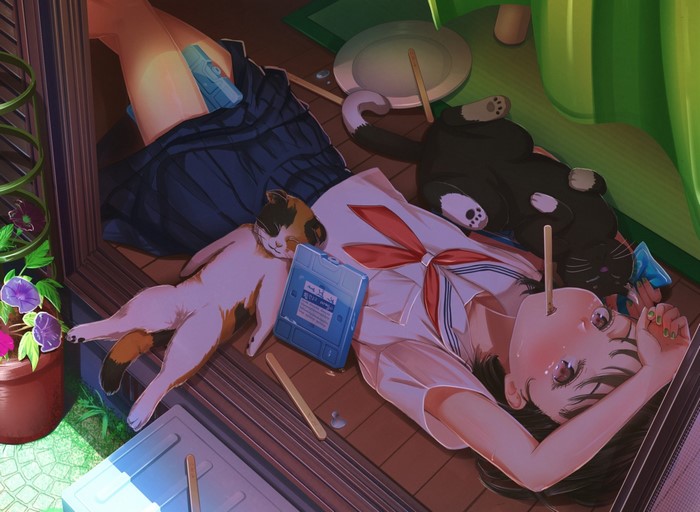 Anime girl in school uniform with cats and popsicles