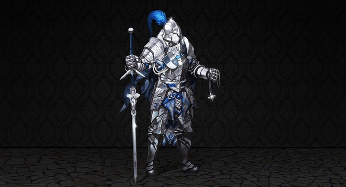 Knight in ornate silver and blue armor holding a sword