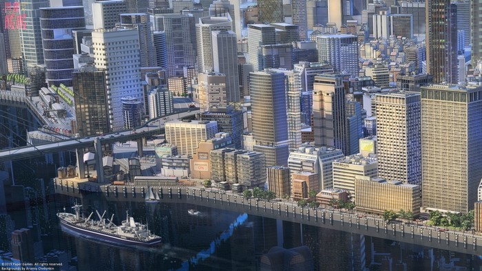 Cityscape with river and ship