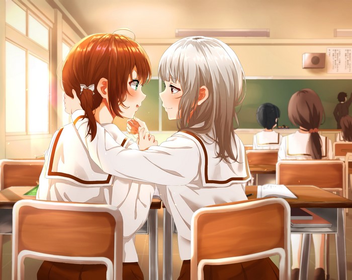 Warm Moment Between Yuri Schoolgirls in Classroom