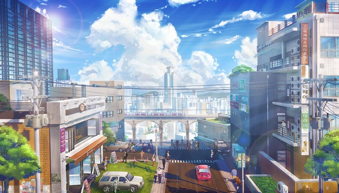 Anime cityscape with buildings, cars, and a train