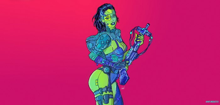 Artwork of a cyborg woman with a gun