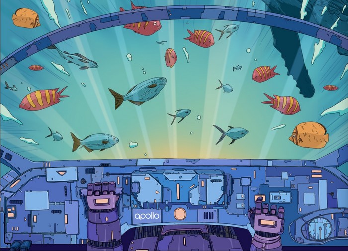 Robot piloting a vehicle through an aquarium