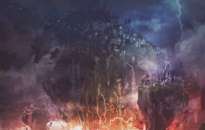 Fantasy city on a floating island during a storm