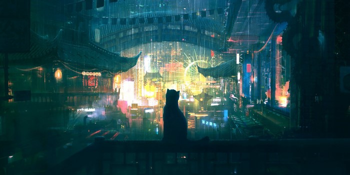 Cat silhouetted on a balcony overlooking a rainy cyberpunk city