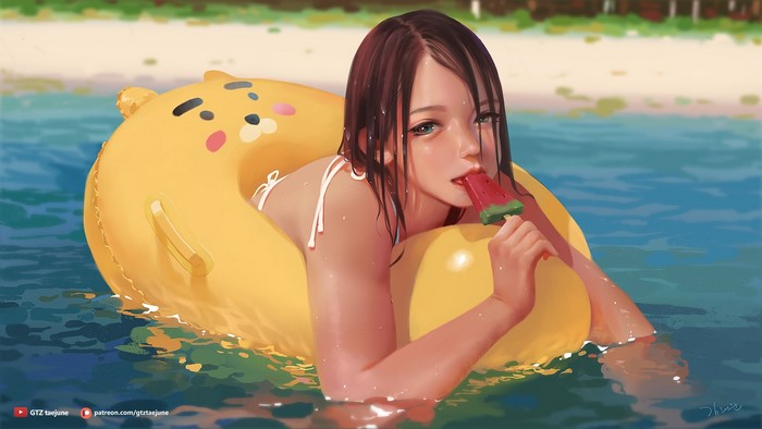 Girl with inflatable ring eating popsicle in water