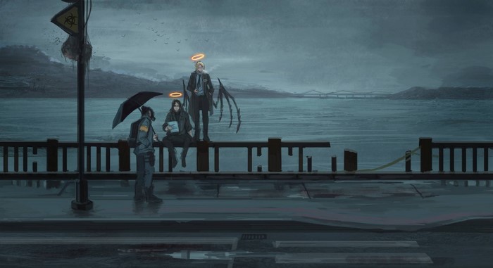 Anime artwork of three figures by the water