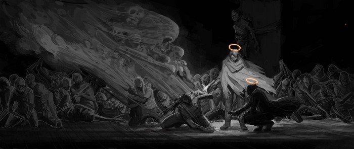 Artwork of spectral figures and people in a dark setting