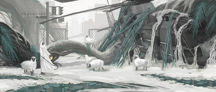 Backwater anime artwork of sheep and a robed figure near a helicopter wreck