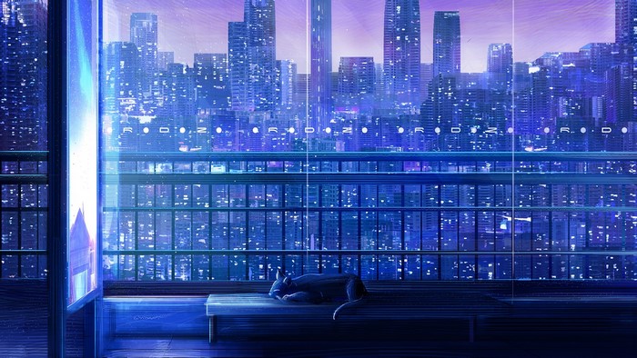 Black cat sleeping on a bench overlooking a futuristic city at night