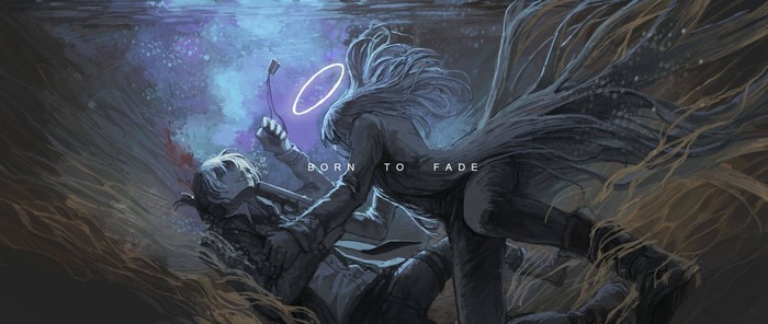 Anime artwork of two figures in water with text