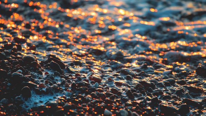 Close-up of wet pebbles with golden light reflections
