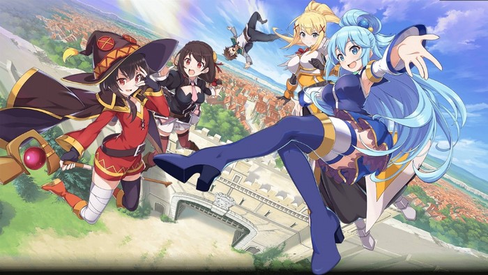 KonoSuba characters Megumin, Yunyun, Darkness, Aqua, and Kazuma