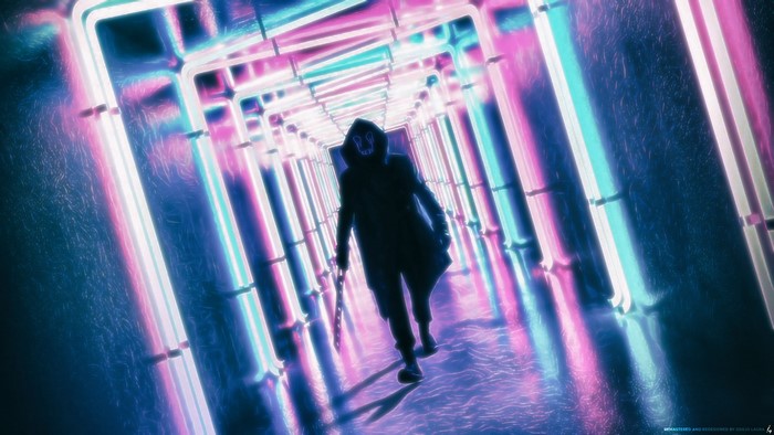 Slasher in a neon-lit hallway