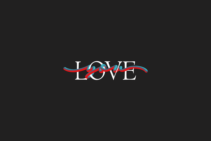 Minimalist typography of the word LOVE with red and blue accents