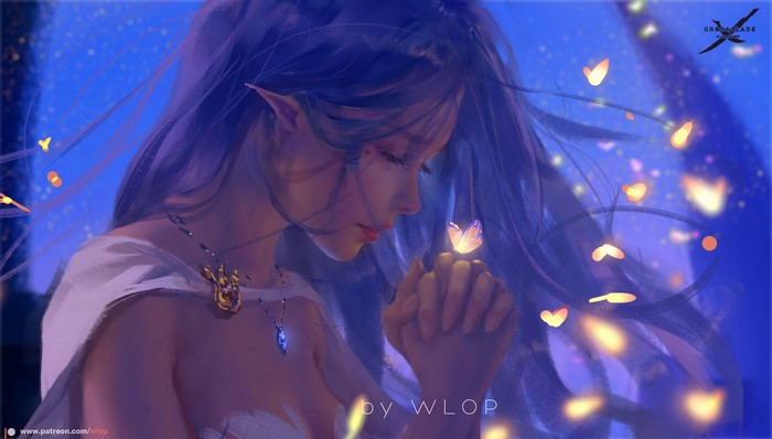Artwork of an elf woman with blue hair and butterflies