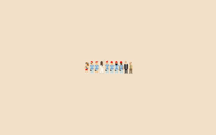 Pixel art group of people on beige background