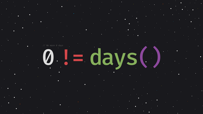 Programming code "0 != days()" on starry background