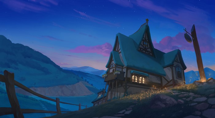 Digital art of a house in mountains at night