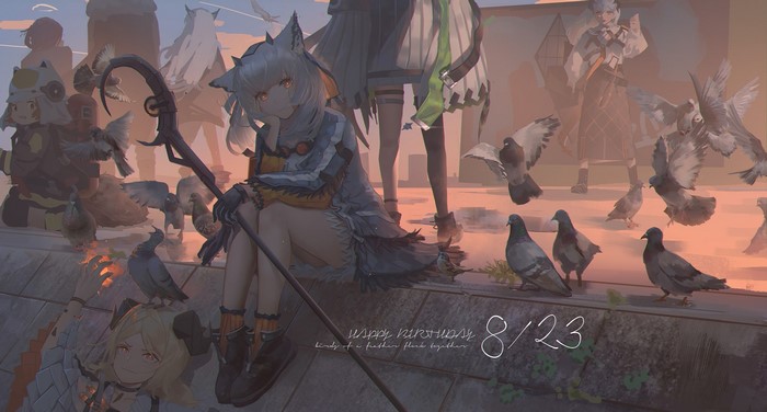 Arknights characters with pigeons