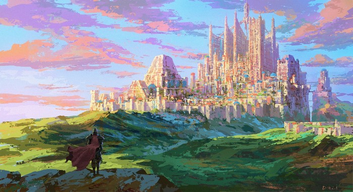 Fantasy knight overlooking a sprawling city at sunset