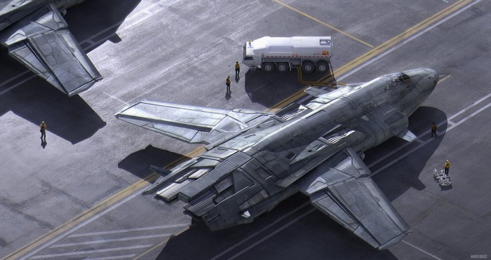 Futuristic aircraft refueling on an airfield