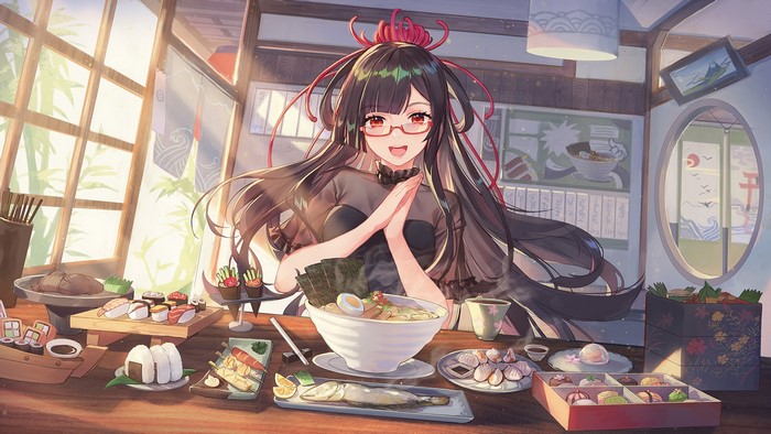 Anime girl with glasses and ramen from Onmyouji
