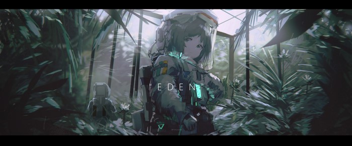 Anime girl in futuristic suit in a greenhouse
