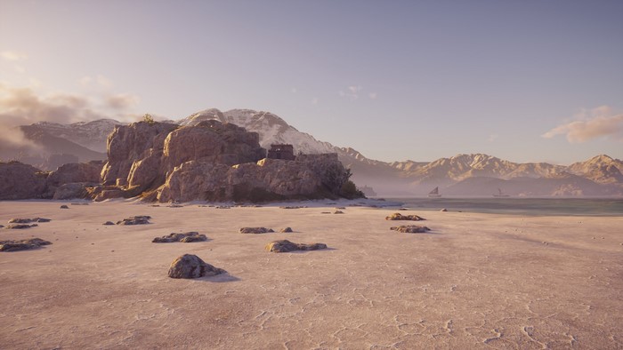 Assassin's Creed Odyssey: Rocky Beach with Mountains and Sea