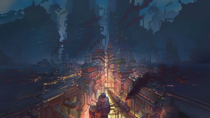 Fantasy city with dragons and trains at night