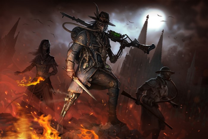 Steampunk characters in a dark, fiery landscape