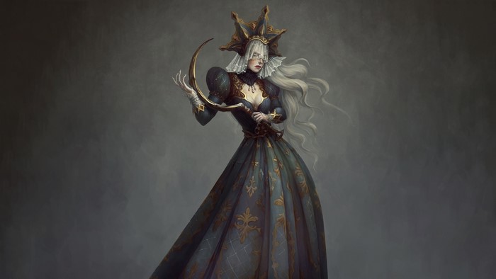 Fantasy girl with a scythe and ornate dress