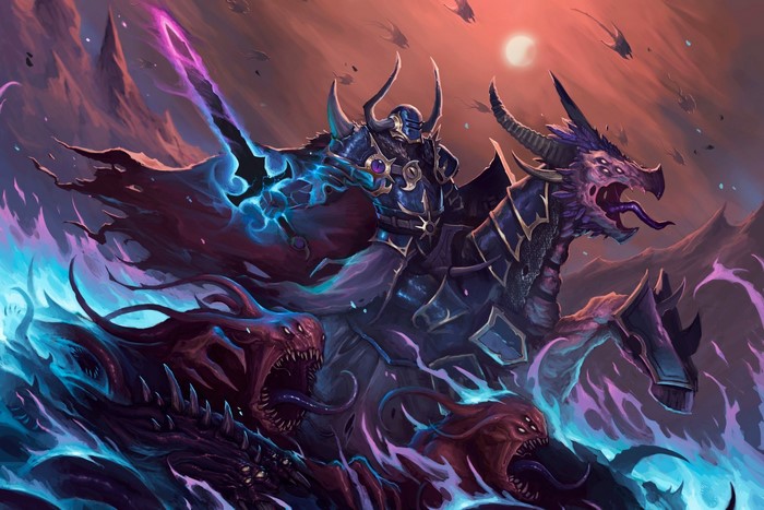 Warrior on a dragon with demonic creatures