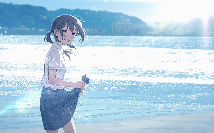 Anime girl in school uniform at the beach