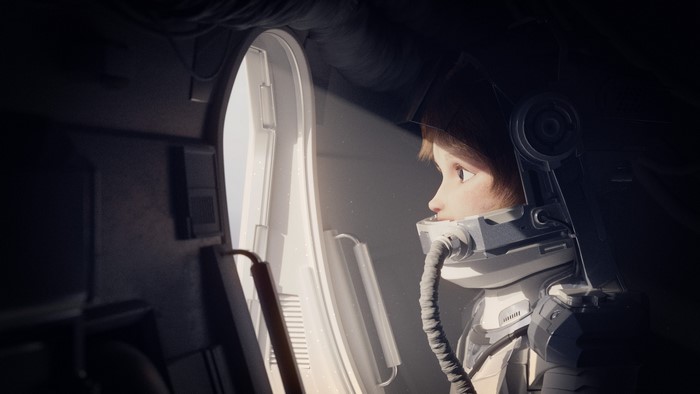 Child in a spacesuit looking out a window