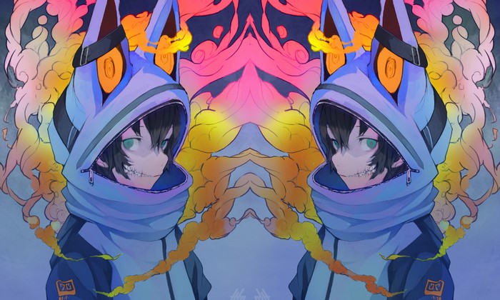 Anime characters with cat-like hoods and smoke
