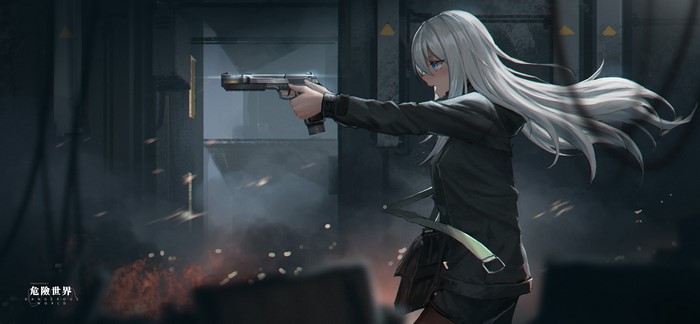 Anime girl with white hair holding a pistol