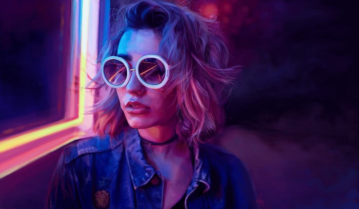 Girl with glasses in cyberpunk neon lights