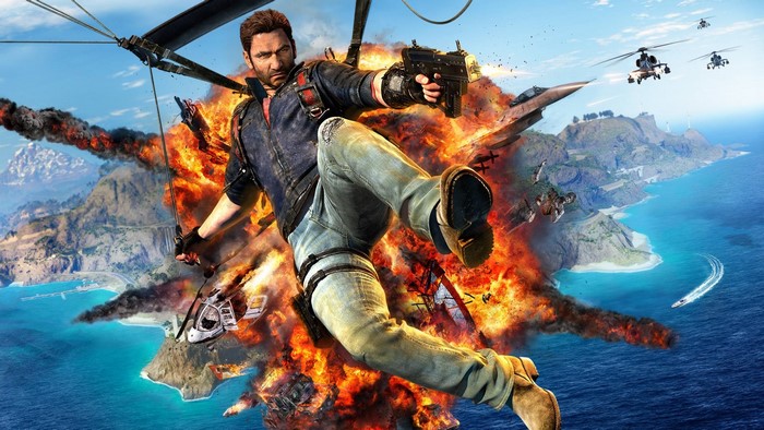 Rico Rodriguez from Just Cause 3 in an explosion