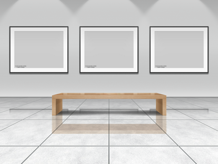 Art gallery template with three frames and bench