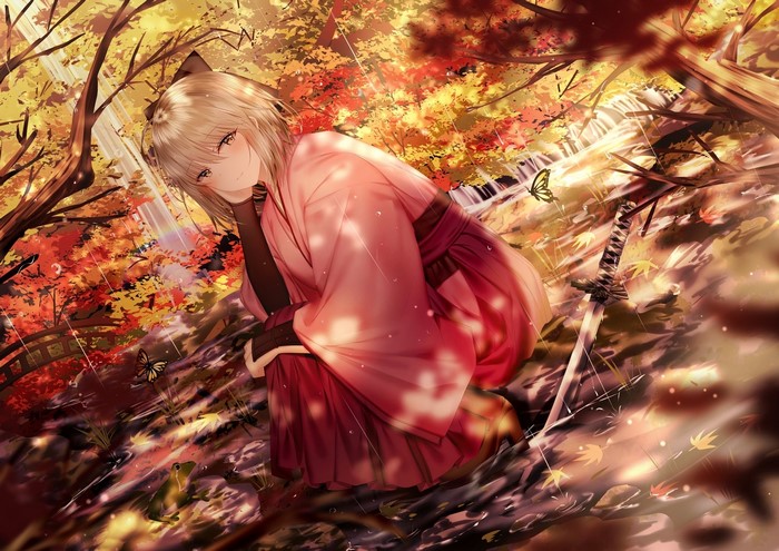 Okita Souji from Fate/Grand Order in a forest