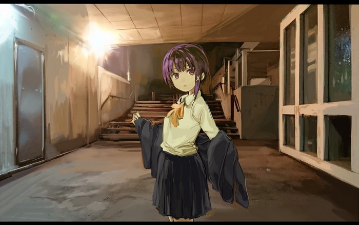 Lain Iwakura in Dimly Lit Stairwell