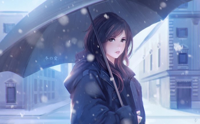 Anime girl with umbrella in snow by Vu Nguyen