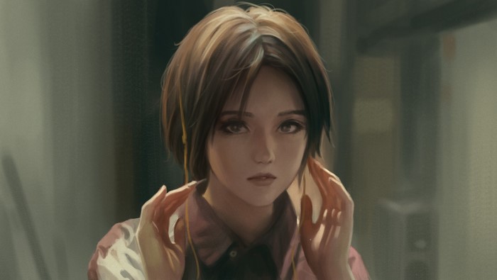 Anime girl with headphones, artwork by Vu Nguyen