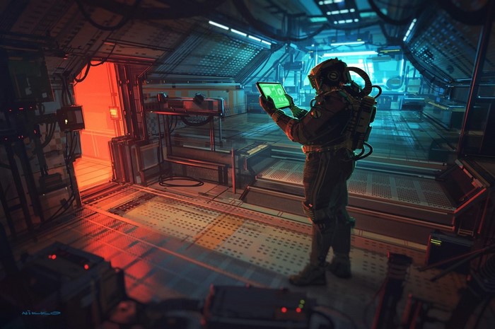 Astronaut in a Sci-Fi Corridor with Tablet